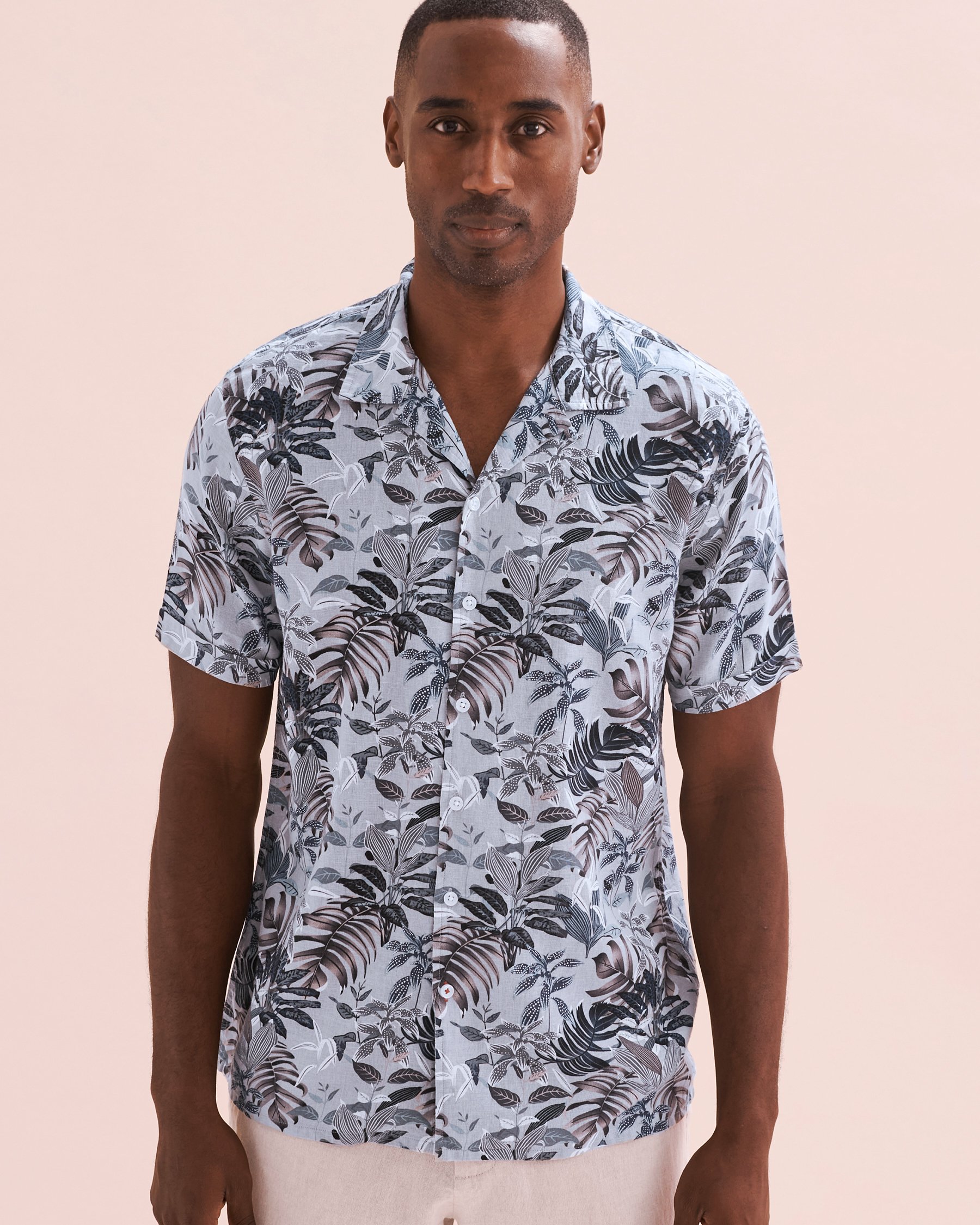 PUBLIC BEACH Linen Printed Short Sleeve Shirt Grey Leaves PB7217BIK - View4