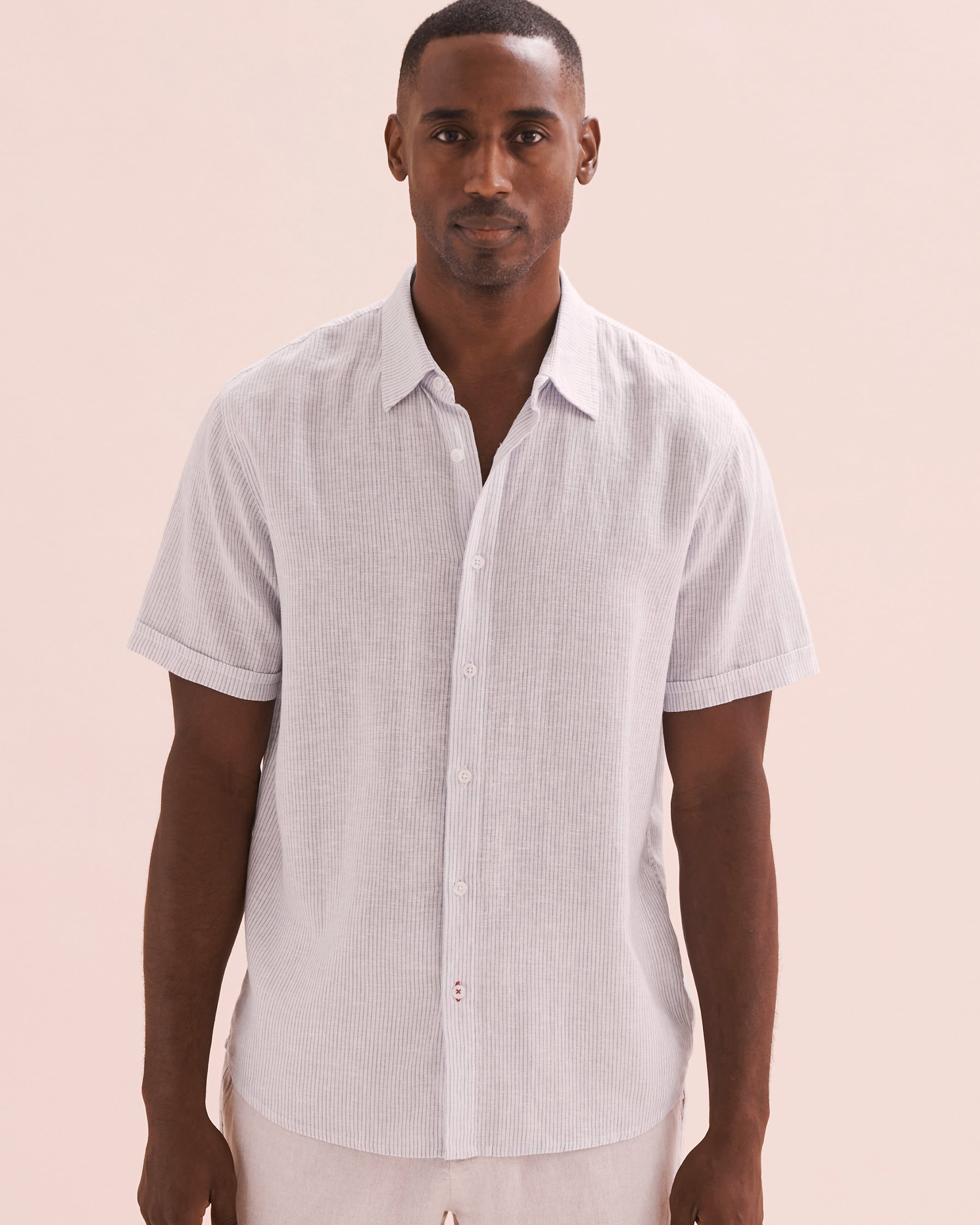 PUBLIC BEACH Linen Striped Short Sleeve Shirt Blue Striped PB7216BIK - View4