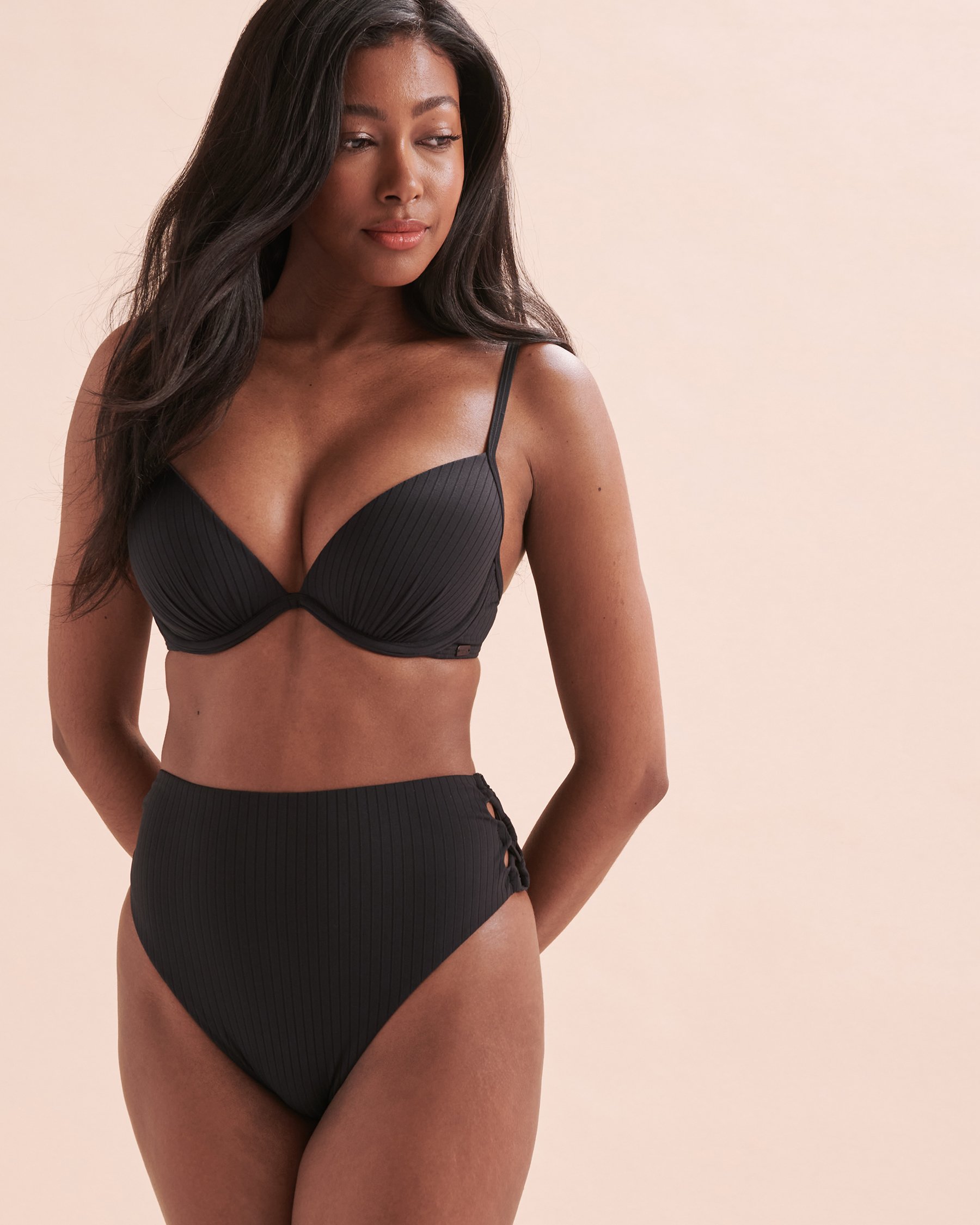 TROPIK Sunset Ribbed High Waist Brazilian Bikini Bottom Black 01300317 - View5