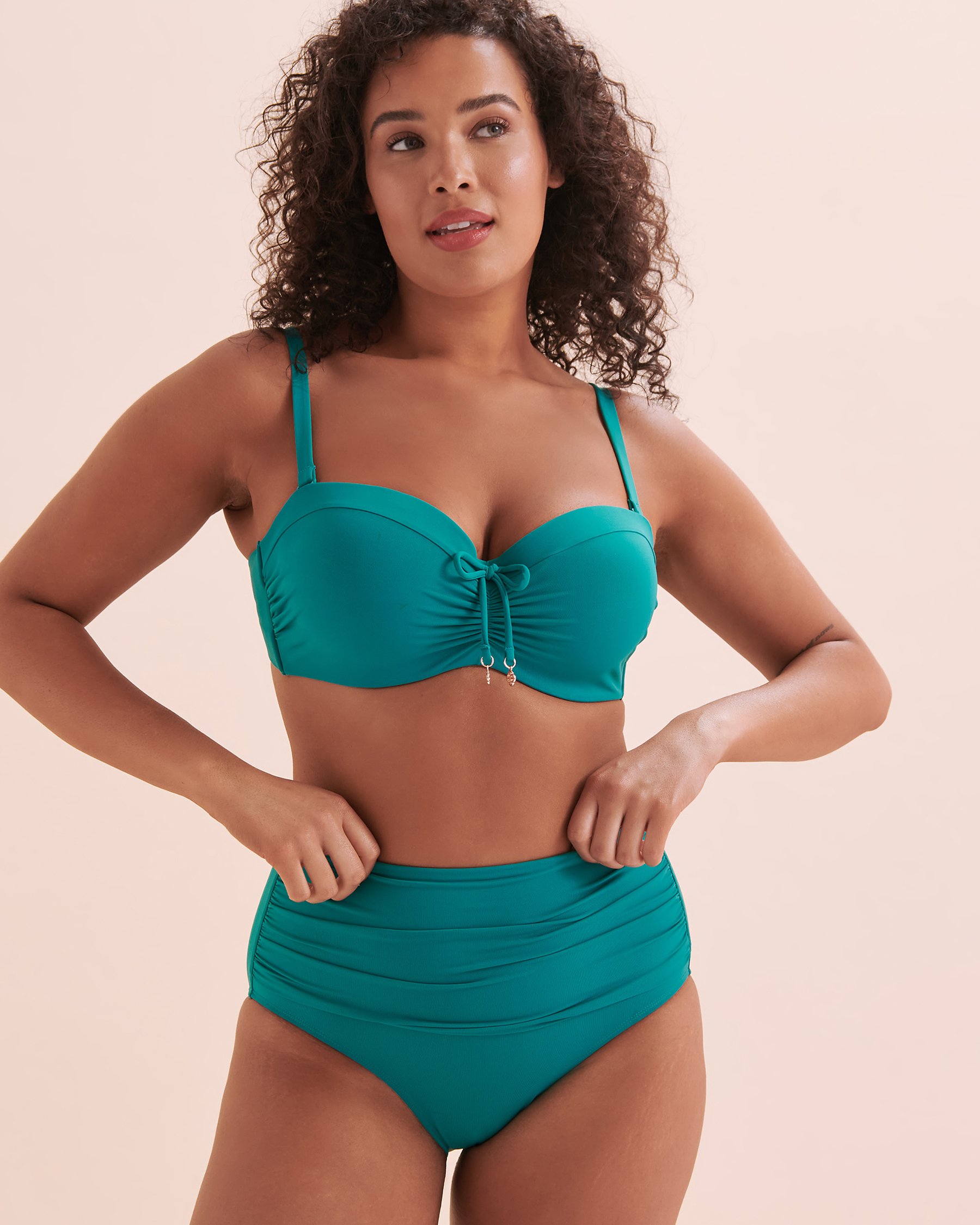 TURQUOISE COUTURE Bas de bikini taille haute plissée Blue Paradise Bleu aqua foncé 01300321 - Voir4