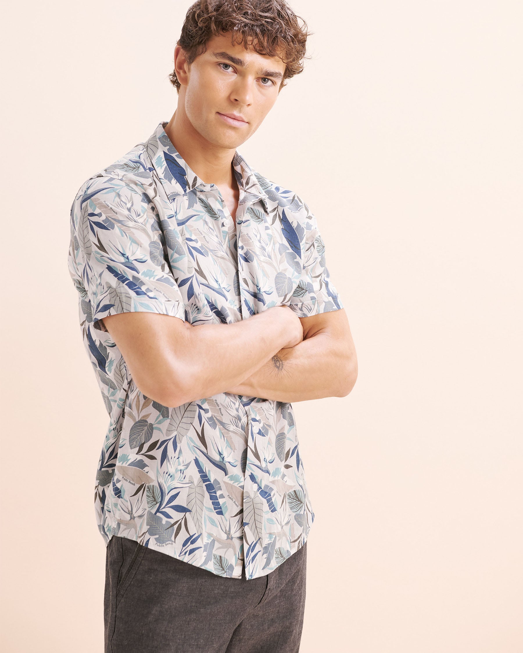 PUBLIC BEACH Printed Linen Blend Shirt Blue PB8207BIK - View3