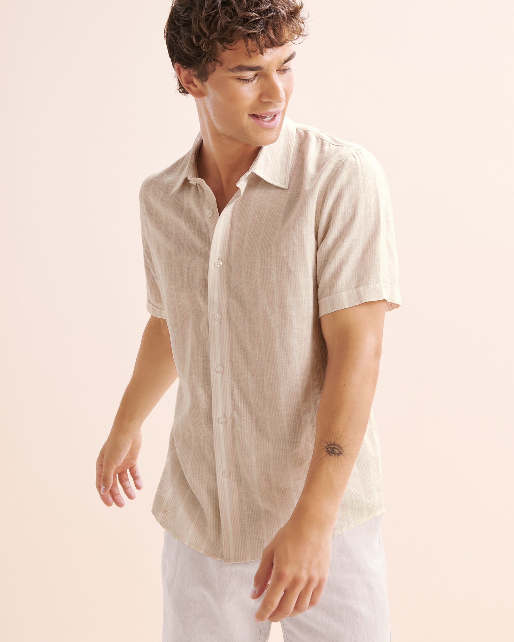 PUBLIC BEACH Stripe Linen Blend Shirt Beige PB8218BIK - View3