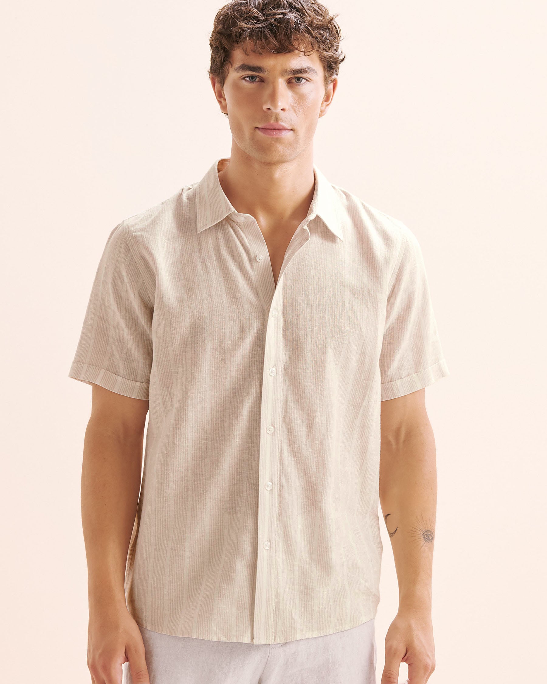 PUBLIC BEACH Stripe Linen Blend Shirt Beige PB8218BIK - View6