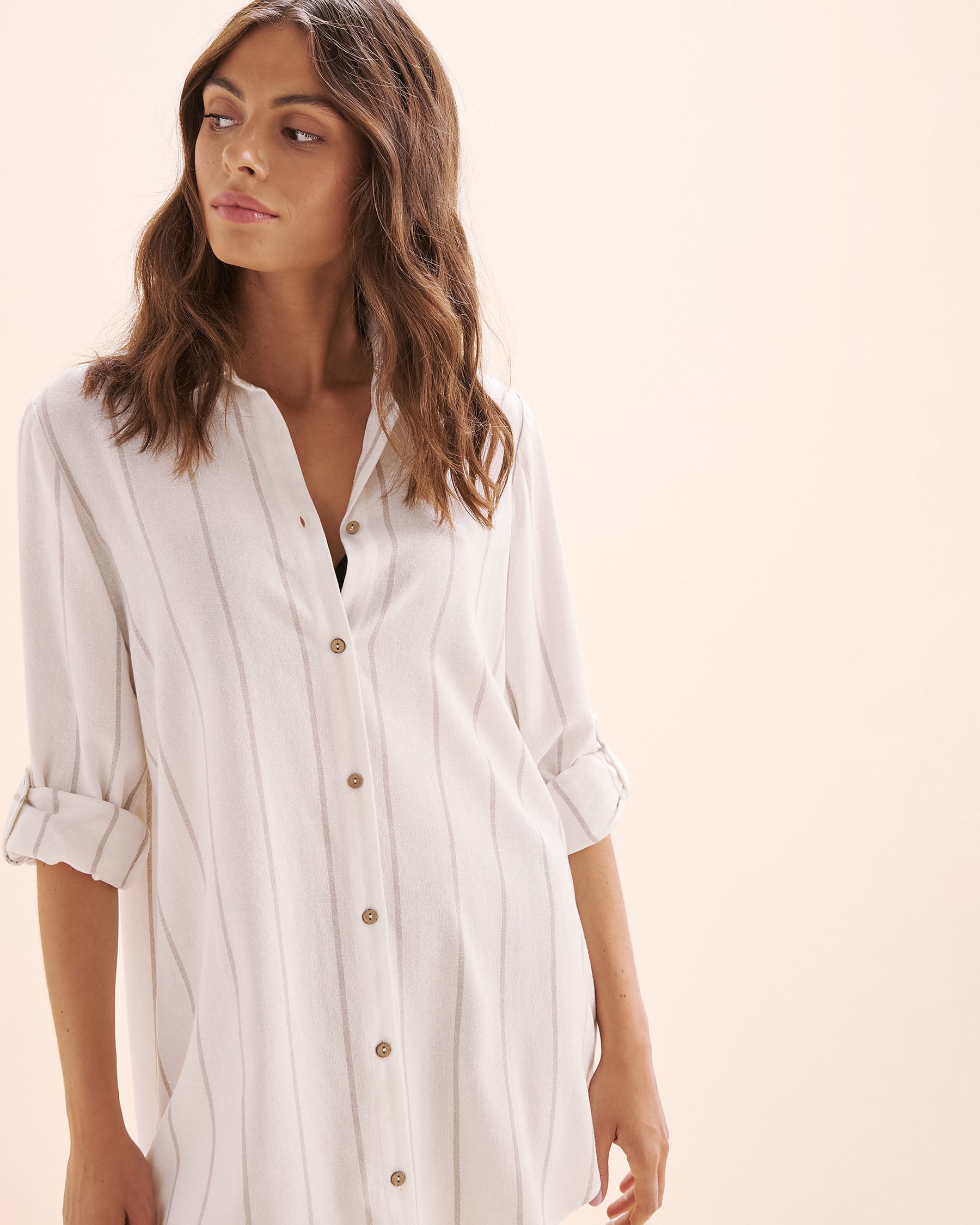 OFF THE BEACH Stripe Long Sleeves Shirt White and Beige 02100041 - View4