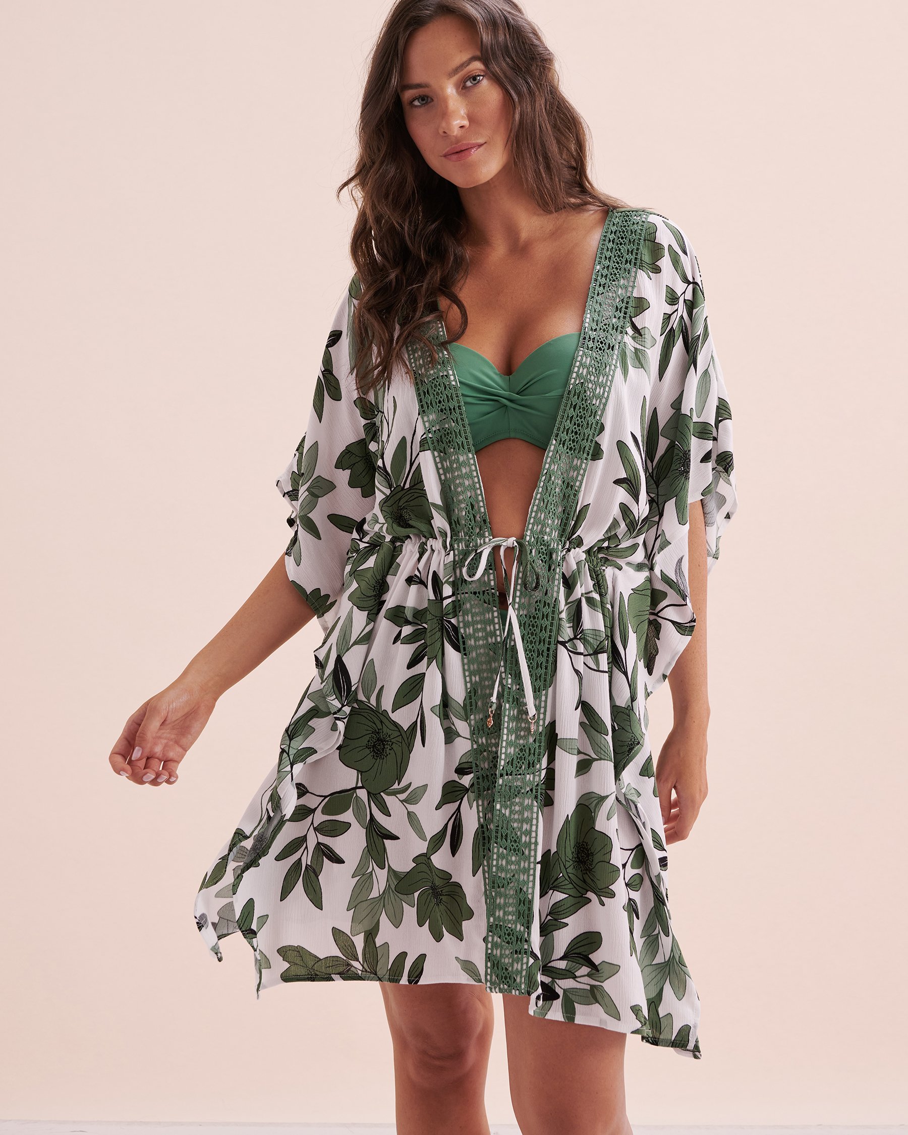 TURQUOISE COUTURE Caftan gaze et détails en crochet Vert botanique 02400043 - View1