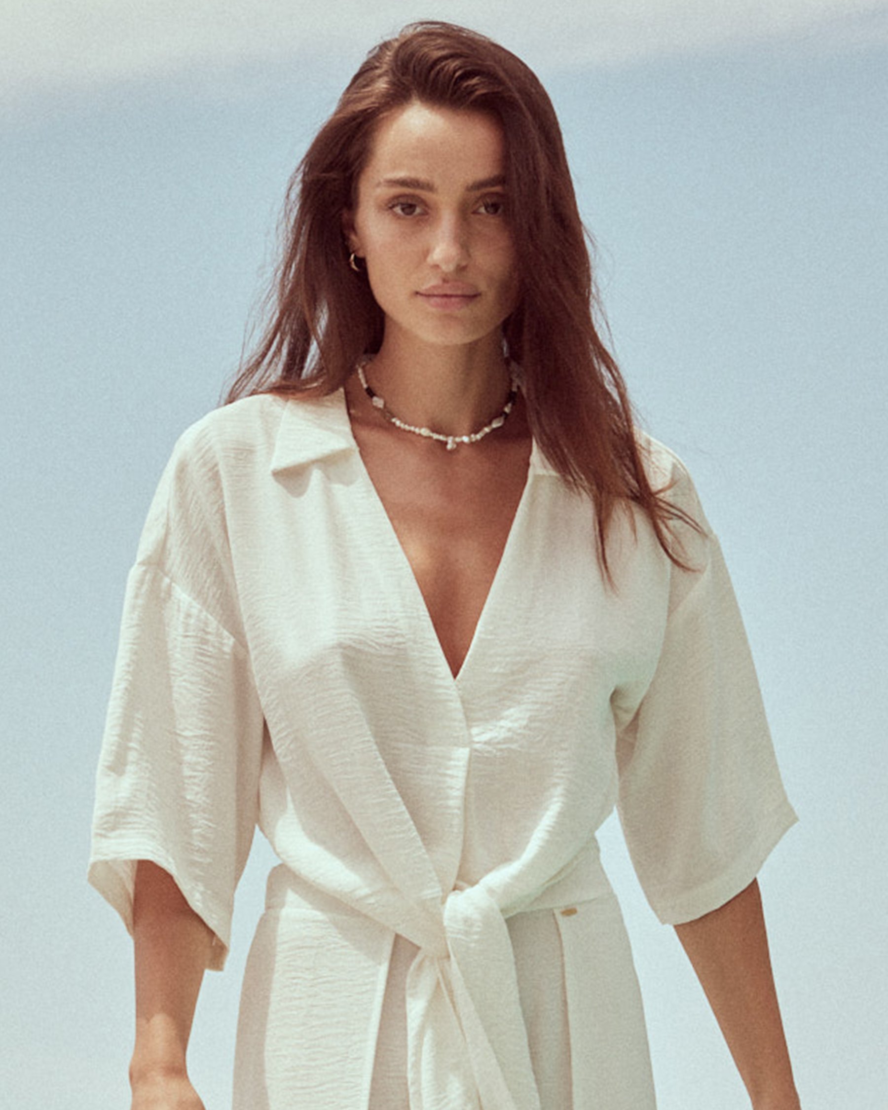 EVERYDAY SUNDAY Chemise de plage manches courtes nouée Blanc cassé ESBEAW04173 - View1