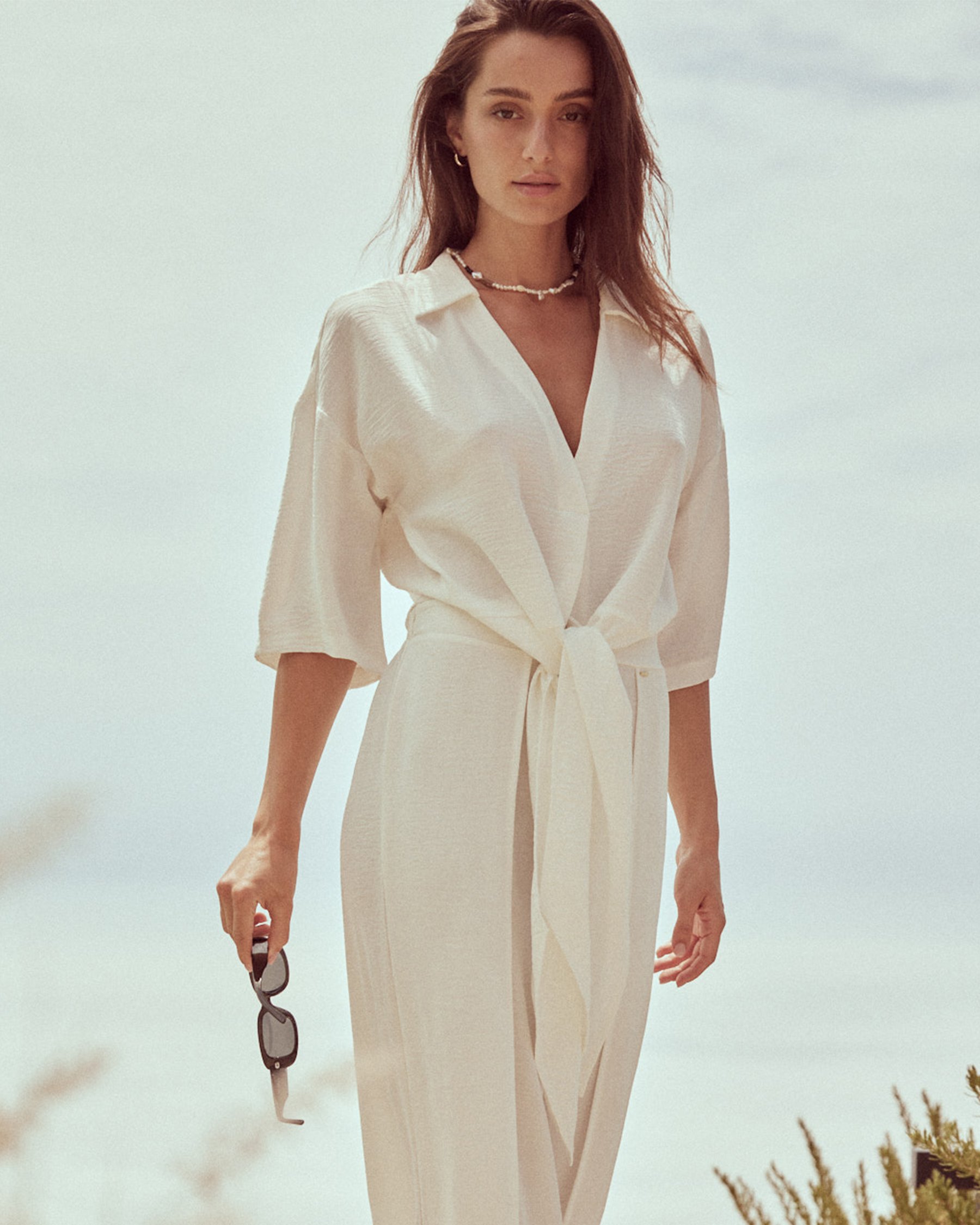 EVERYDAY SUNDAY Chemise de plage manches courtes nouée Blanc cassé ESBEAW04173 - View3