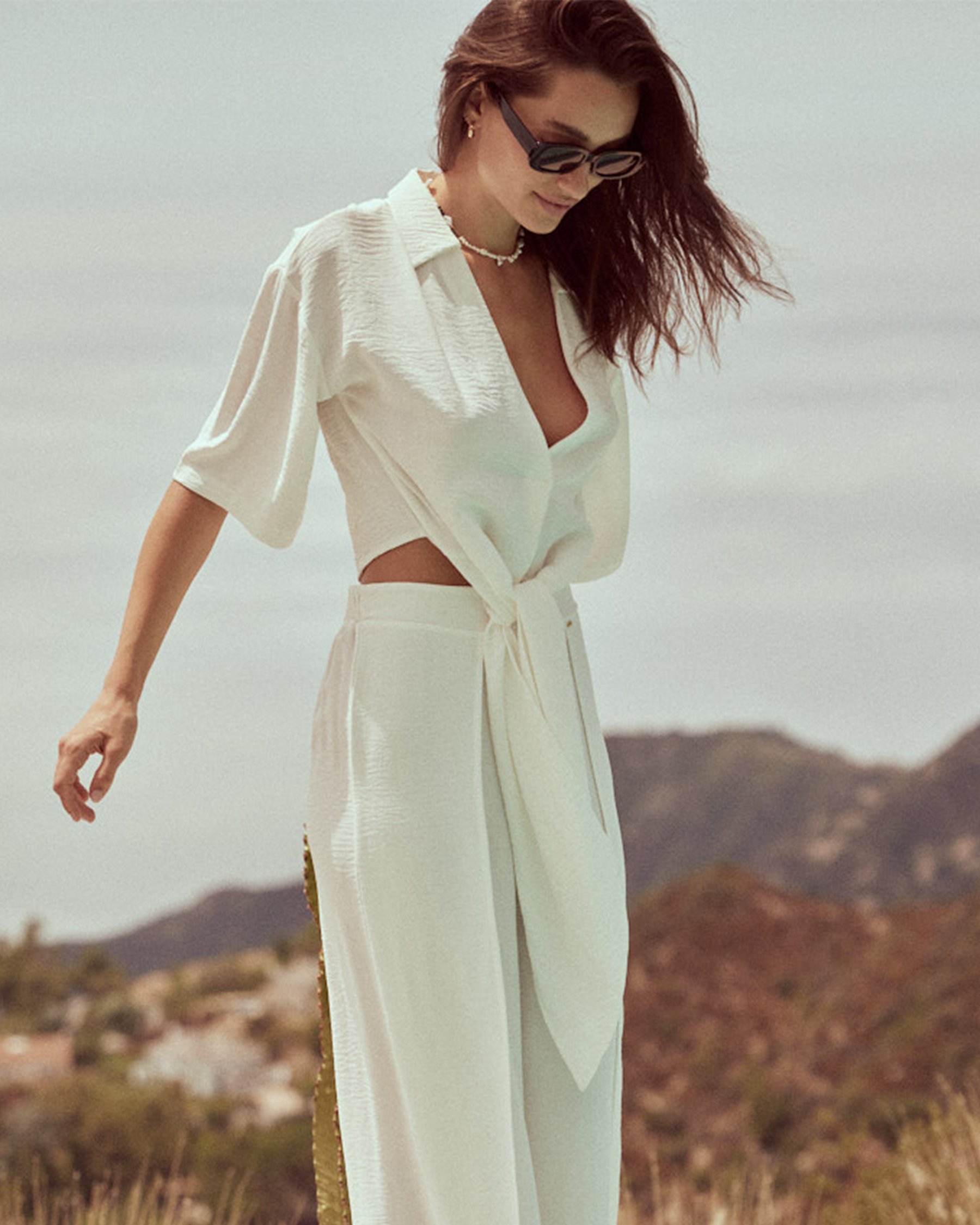 EVERYDAY SUNDAY Chemise de plage manches courtes nouée Blanc cassé ESBEAW04173 - View4