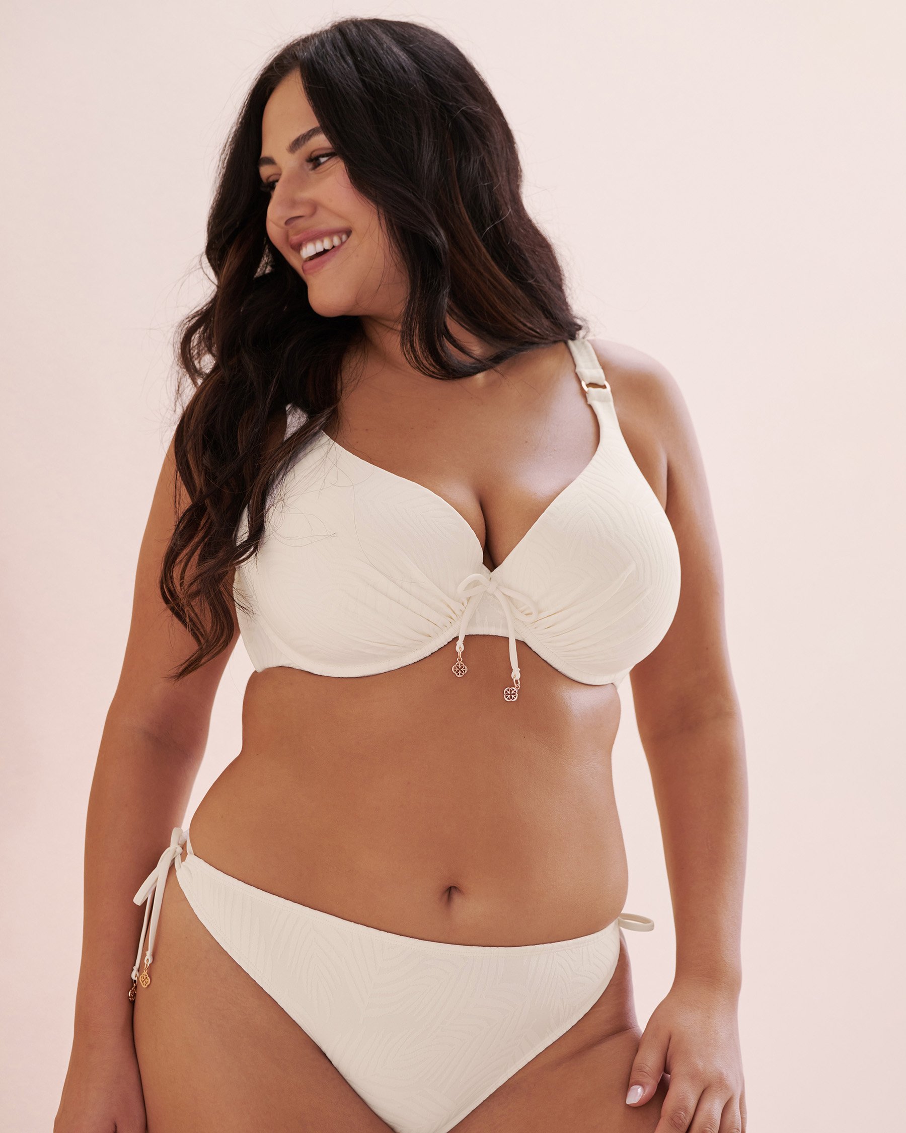 TURQUOISE COUTURE Haut de bikini texturé bonnet D plongeant tropical Blanc 01200090 - Voir9