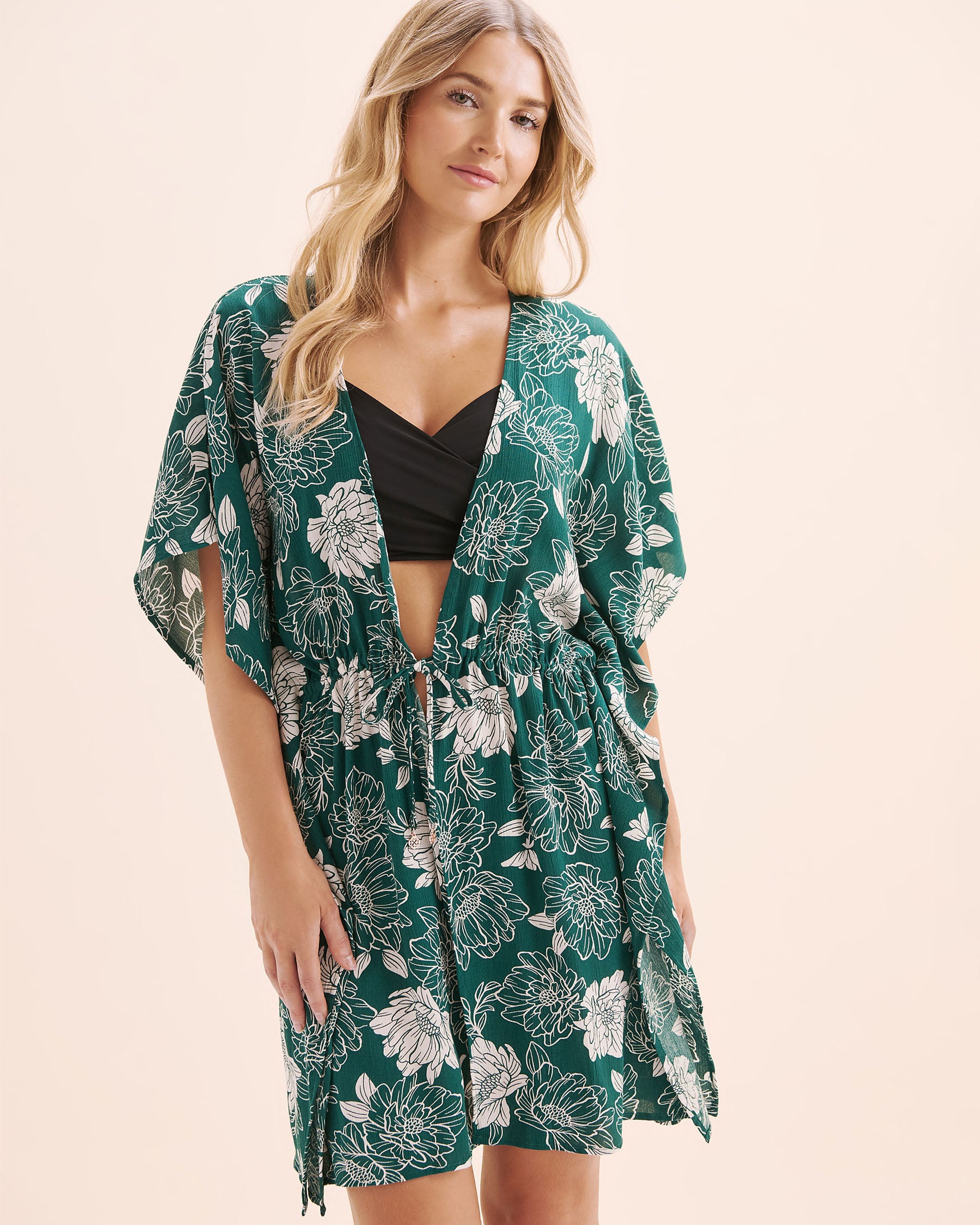 TURQUOISE COUTURE Gauze Floral Caftan Green and white 02400058 - View5