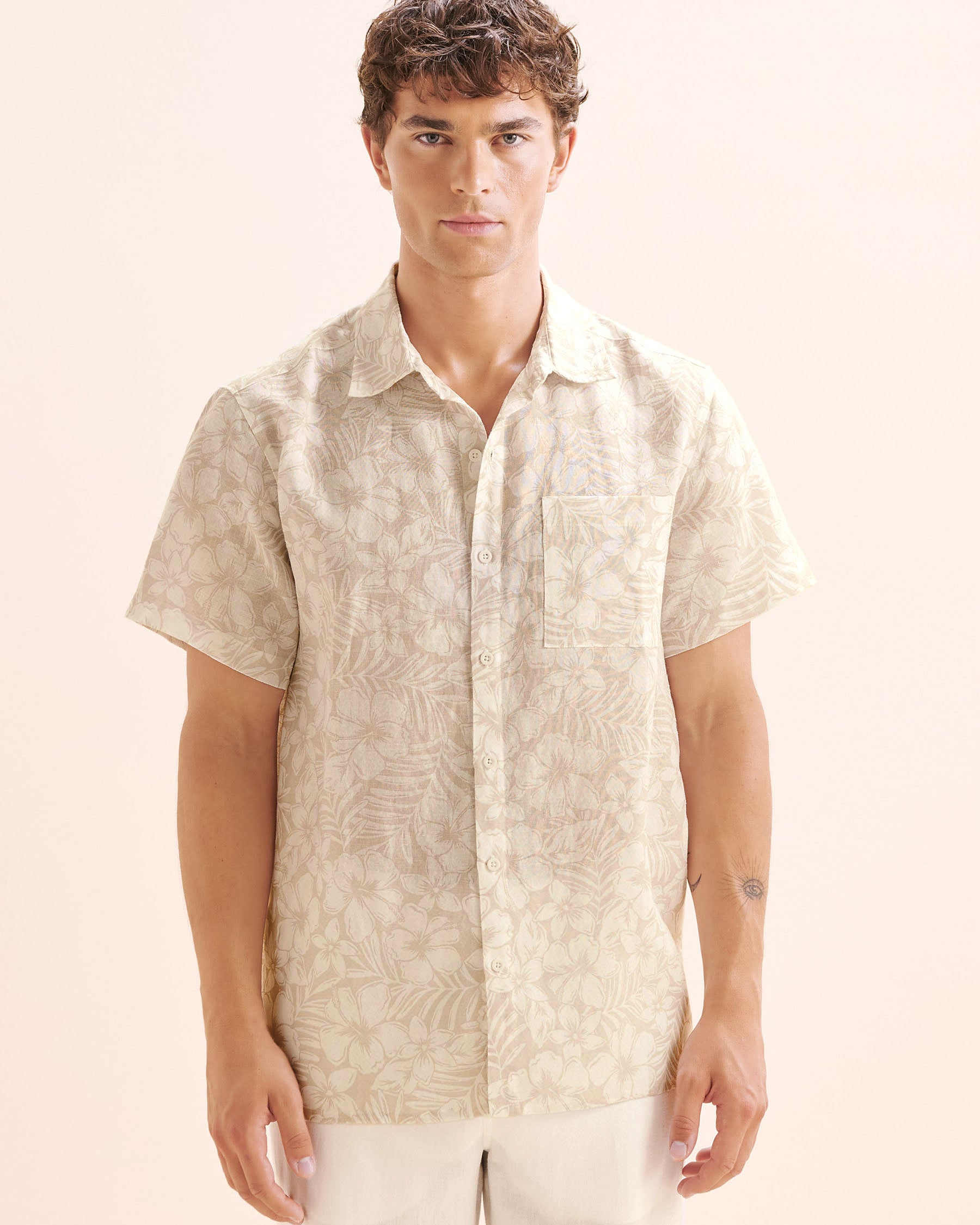 OFF THE BEACH Linen Blend Short Sleeve Shirt Beige and white 04100045 - View7