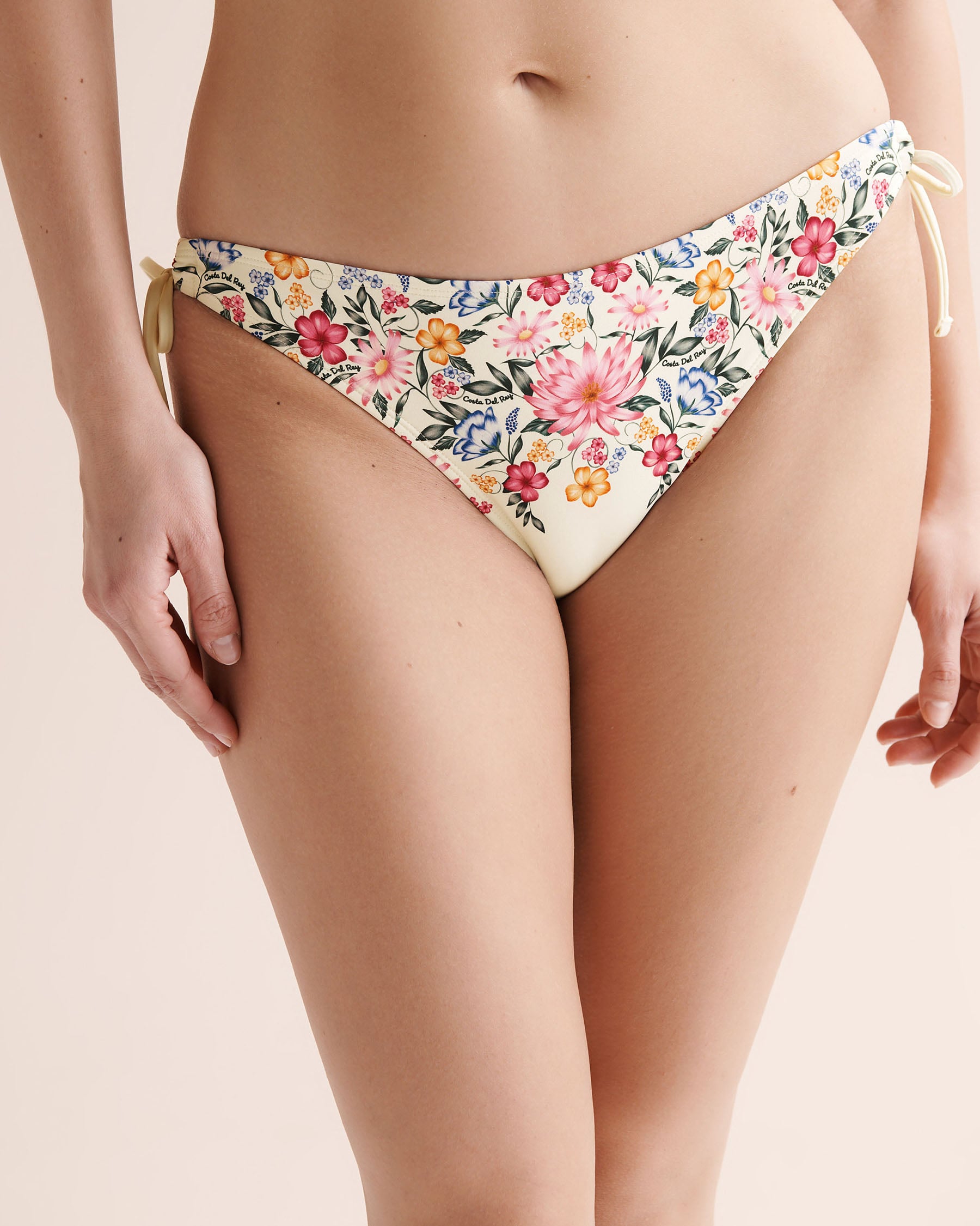 COSTA DEL REY Floral Side Tie Brazilian Bikini Bottom Beige 01300574 - View3