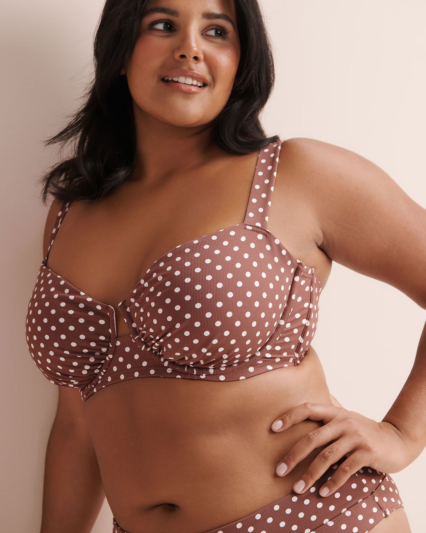 TROPIK Ribbed Polka-Dot D Cup Plunge Bikini Top Nutmeg Brown 01200139 - View3