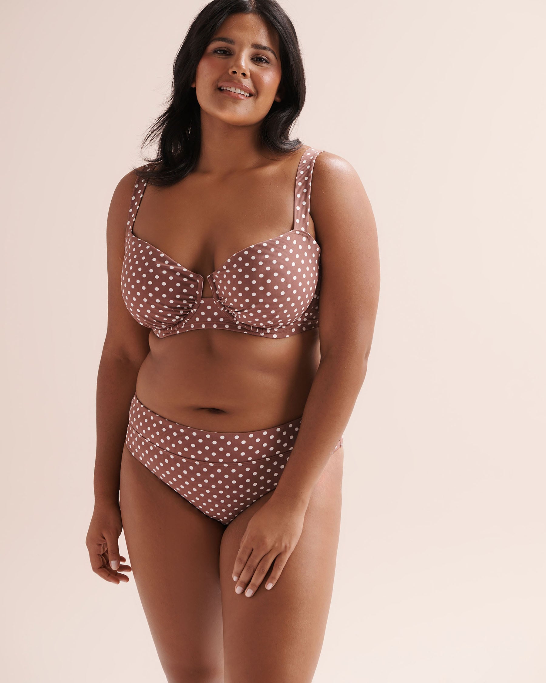 TROPIK Ribbed Polka-Dot Mid-Rise Cheeky Bikini Bottom Nutmeg Brown 01300585 - View4