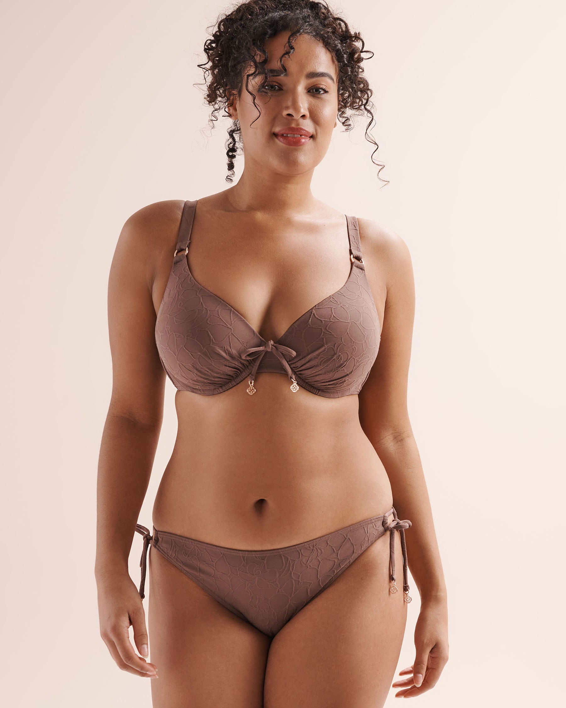 TURQUOISE COUTURE Textured D Cup Plunge Bikini Top Brown 01200140 - View1