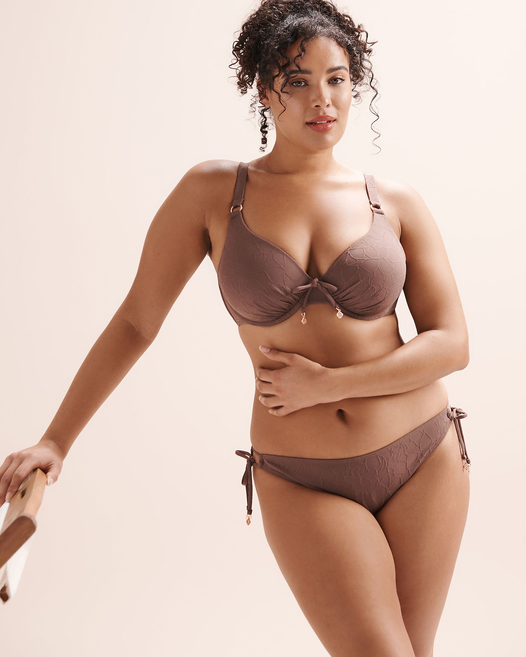 TURQUOISE COUTURE Textured D Cup Plunge Bikini Top Brown 01200140 - View5