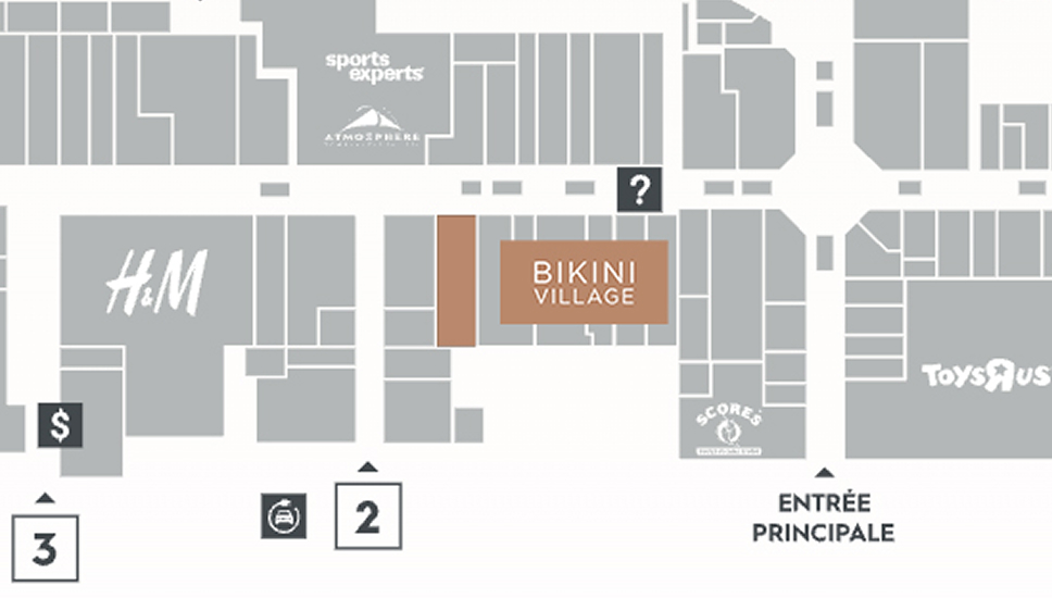 Carte du centre Les Rivières - où trouver la boutique Bikini Village