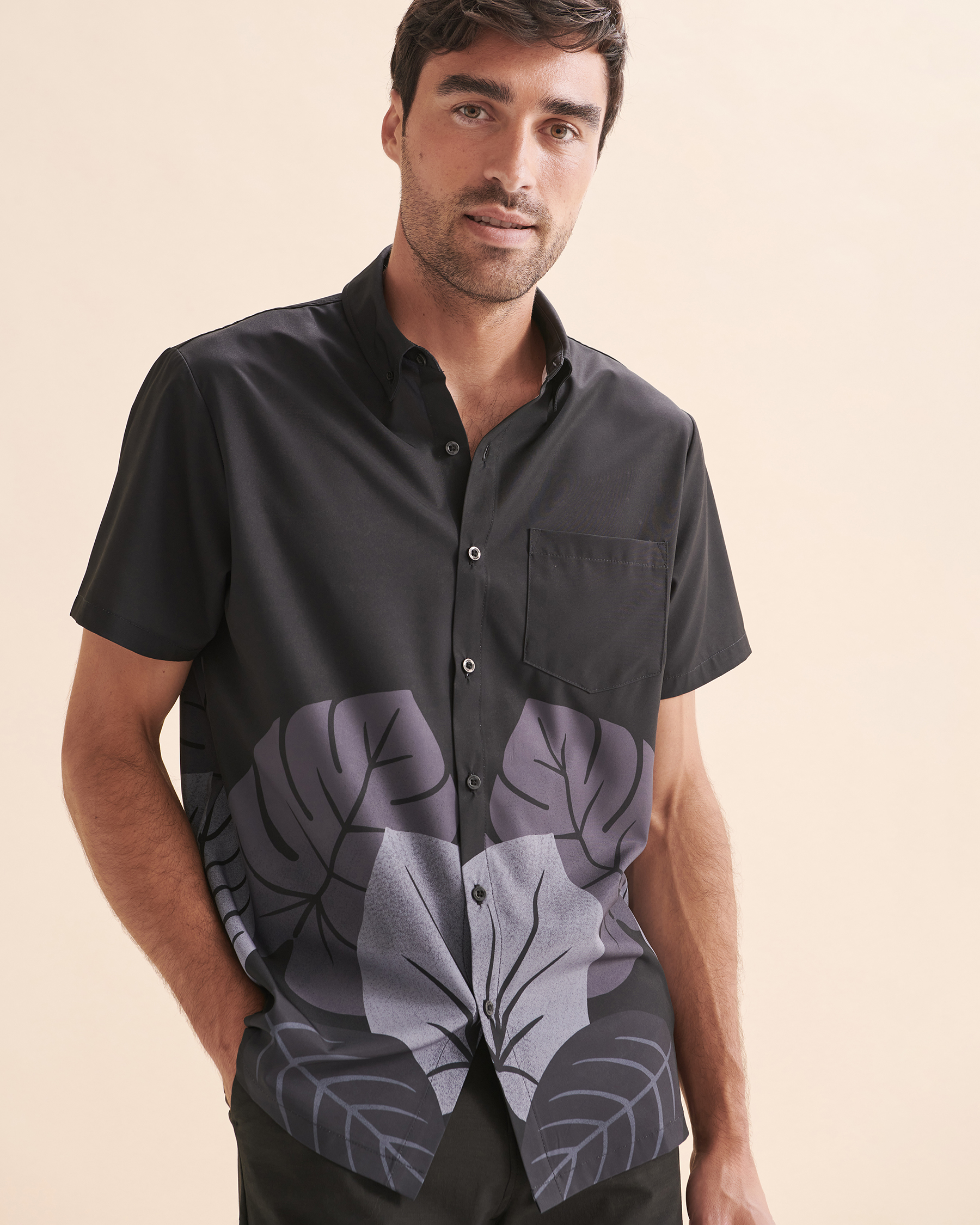 HAMABE Short Sleeve Shirt Black leaves 04100014 - View1